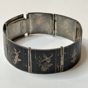 Vintage SIAM Sterling Silver 925 Panel Bracelet‎ Enamel Niello Fan Dancers AL5.3